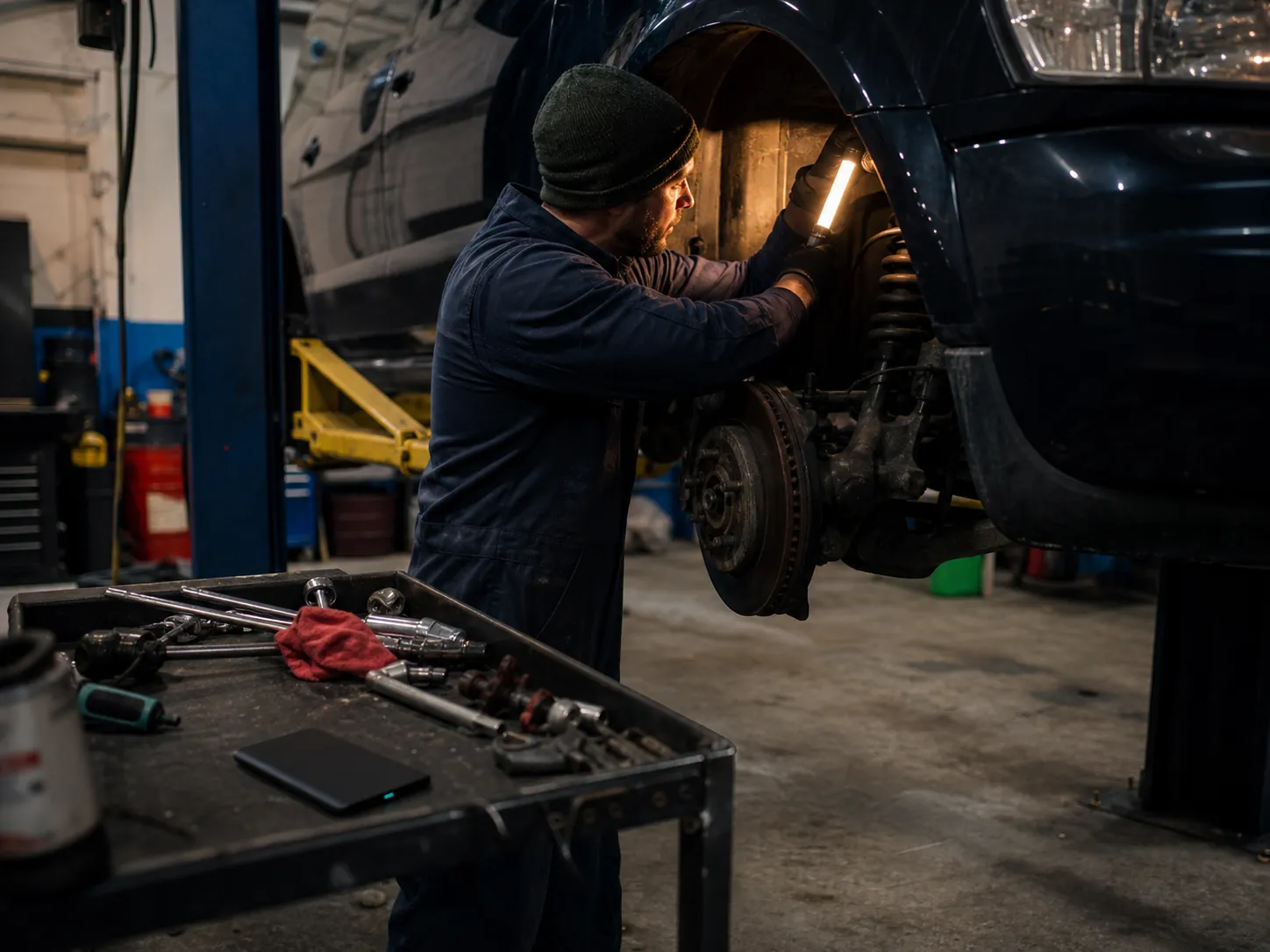 Mechanic inspecting a brake assembly in a repair bay