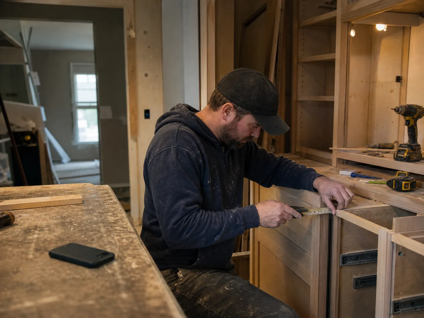 Contractor measuring cabinet fronts during a kitchen renovation