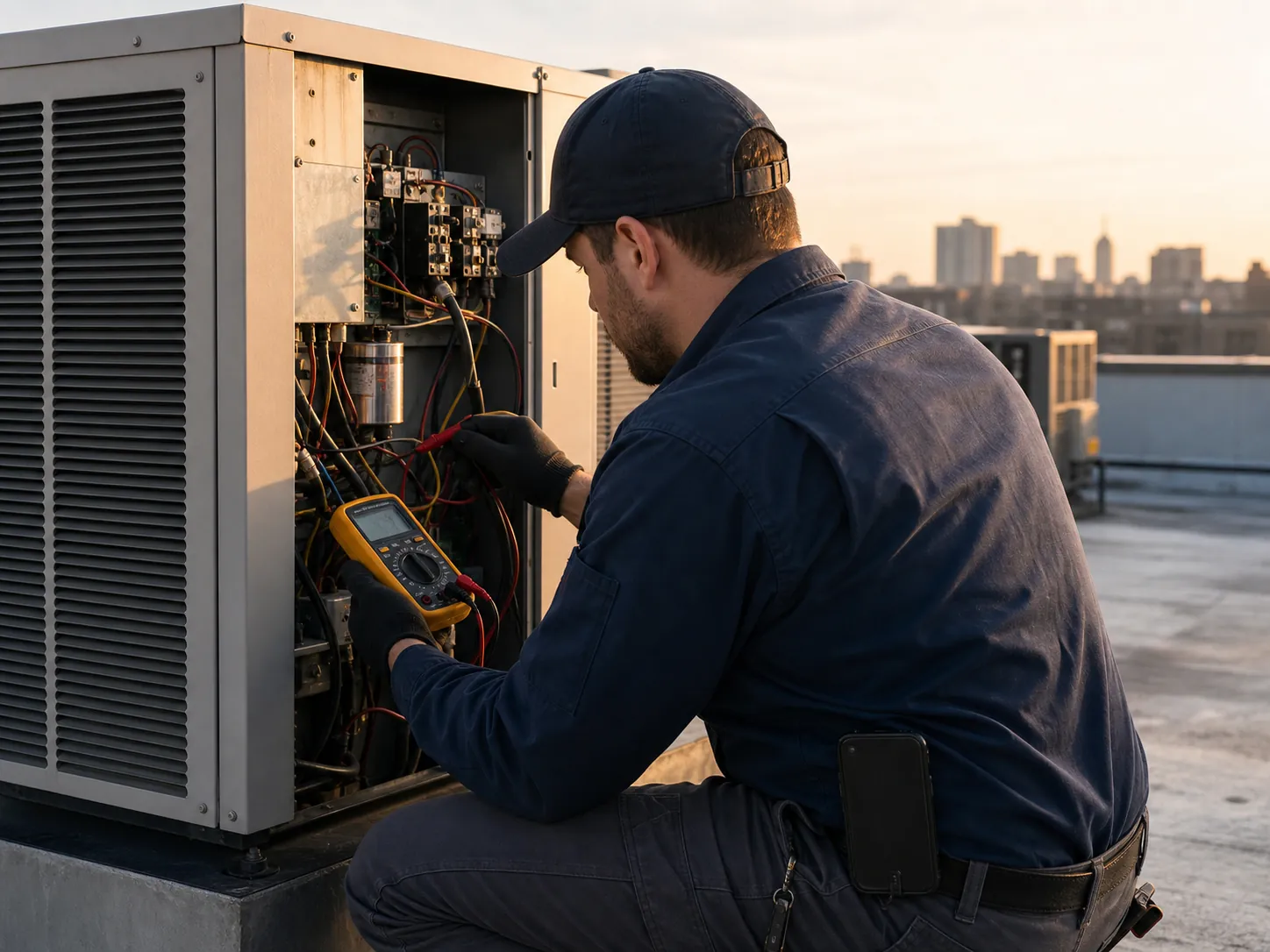 HVAC technician testing a rooftop unit at sunrise