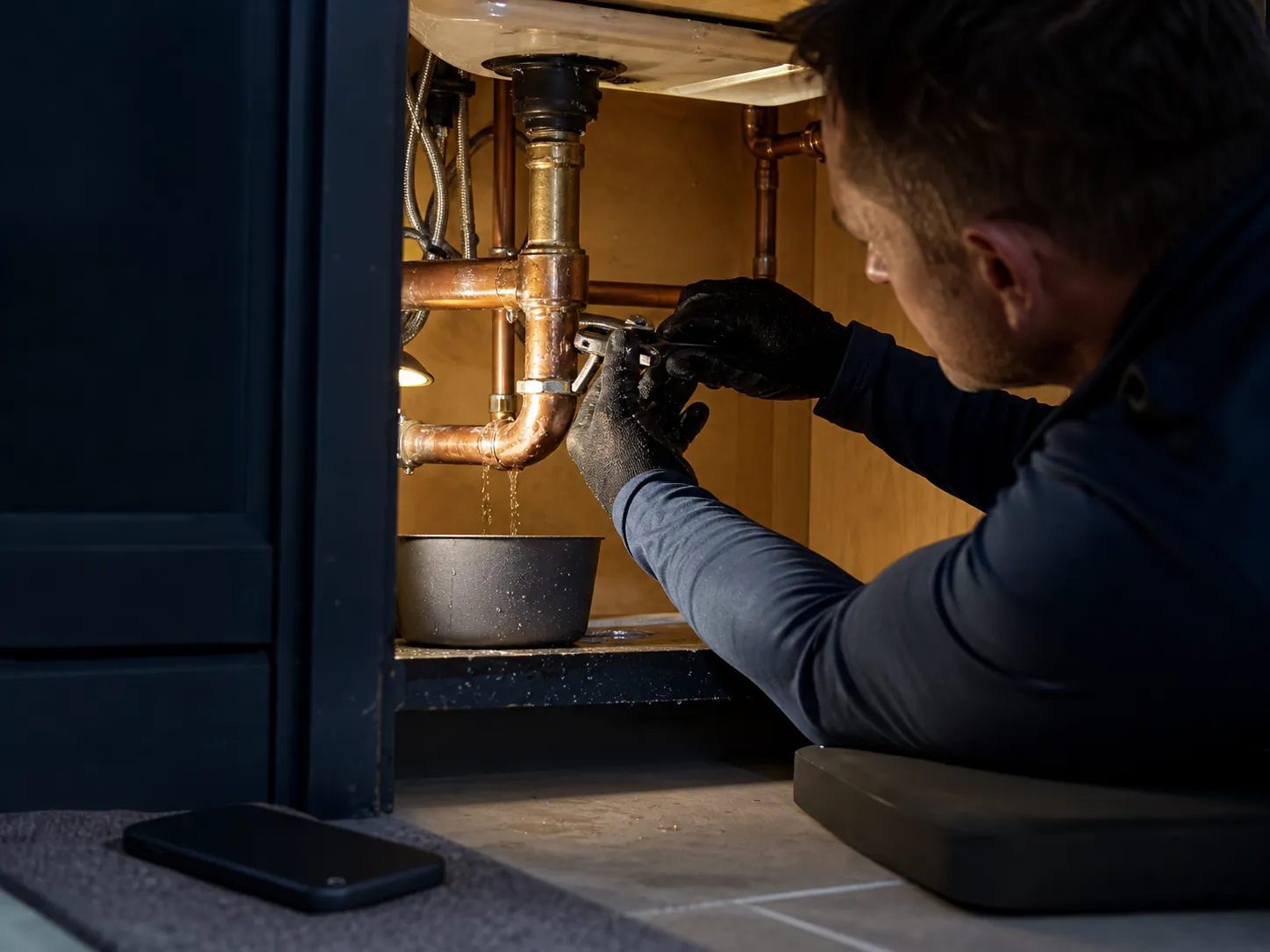 Plumber tightening a copper fitting under a leaking sink