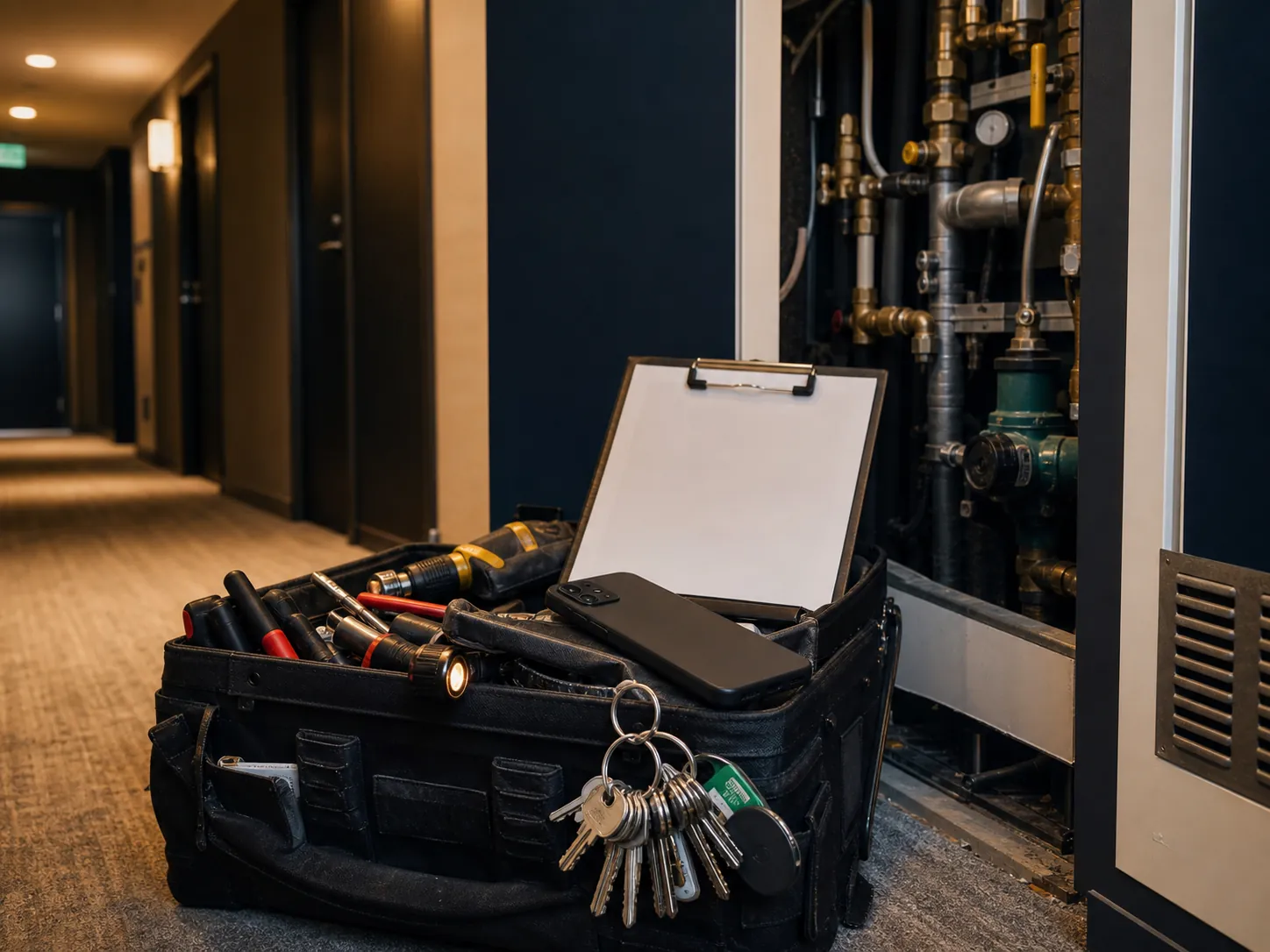 Tool bag and clipboard in an apartment building corridor