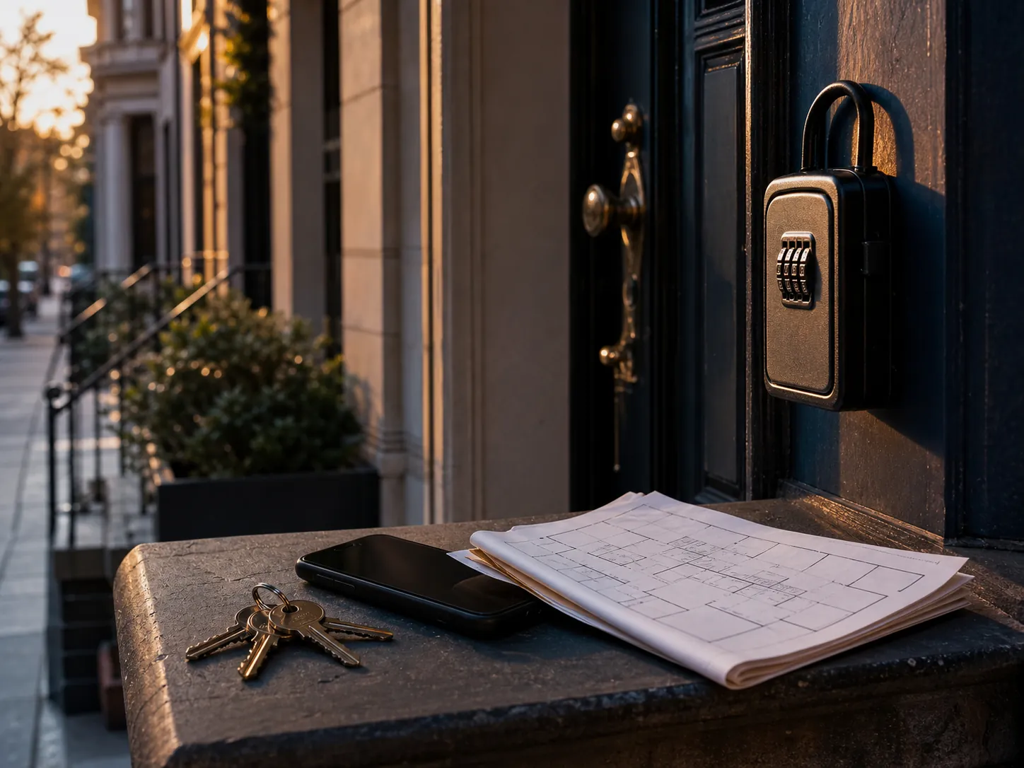 Lockbox, keys, and floor plans at a brownstone front door