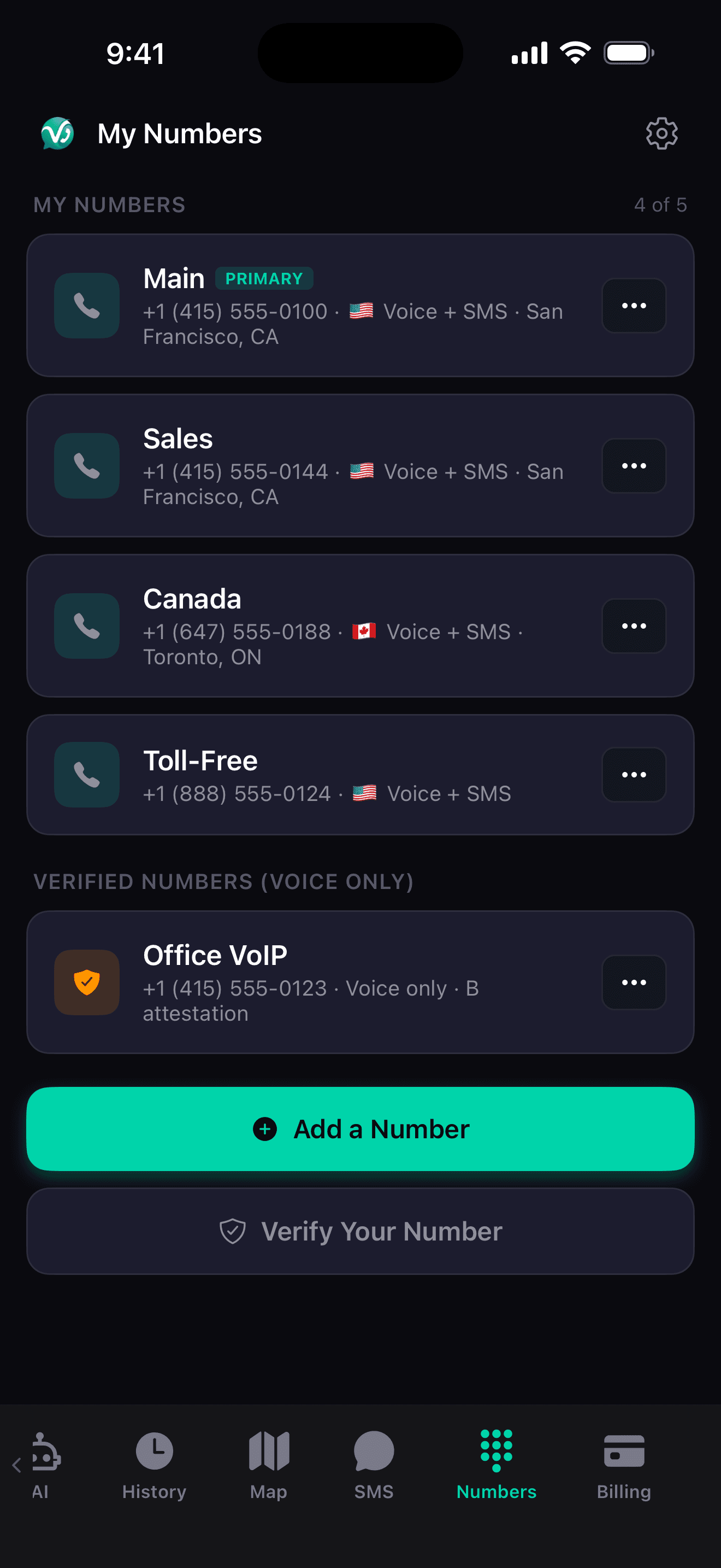 Number management with purchased and verified numbers